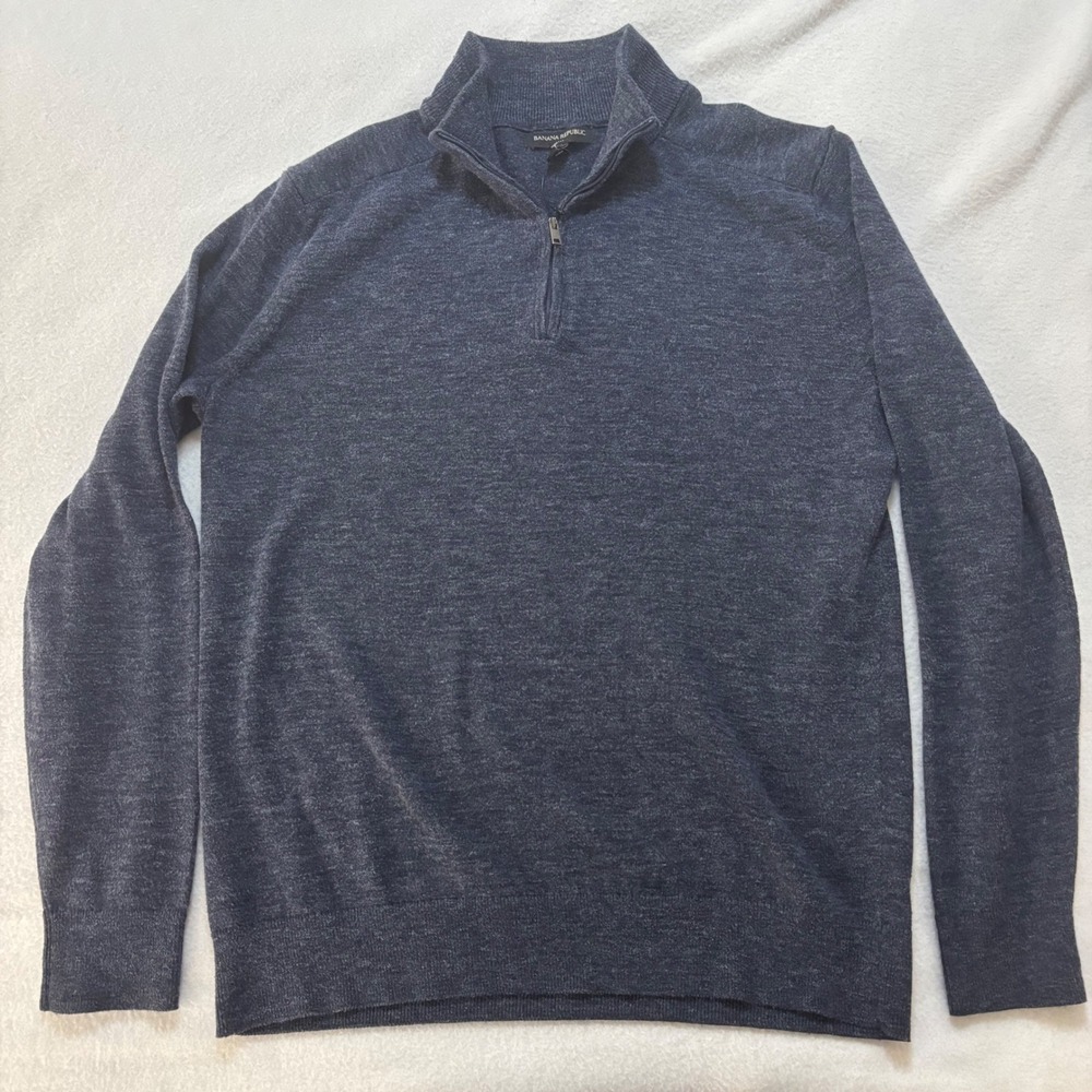 Banana Republic Mens Quarter Zip Sweater Navy Blue Heather Cotton Blend Medium
